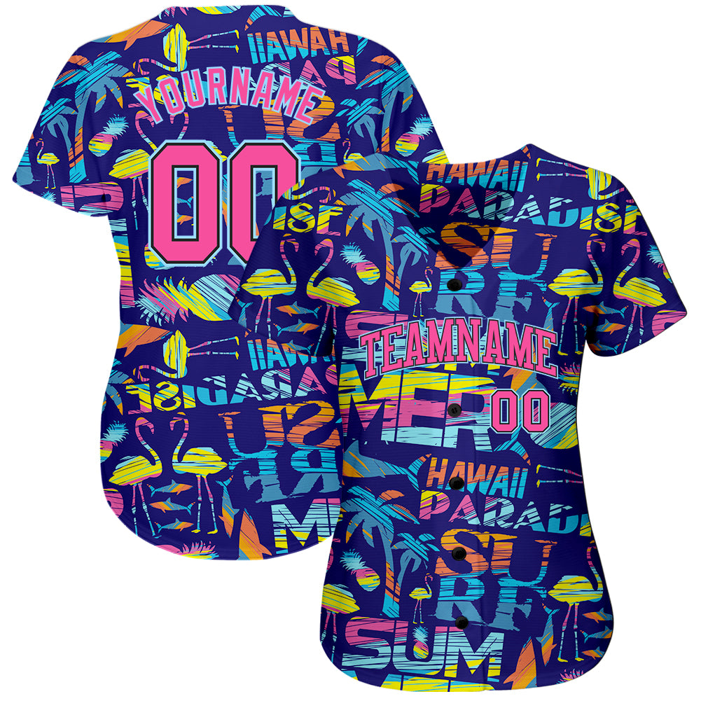 Custom 3D pattern design abstract geometric with palm trees, sharks, and flamingo summer Hawaii authentic baseball jersey with free shipping2