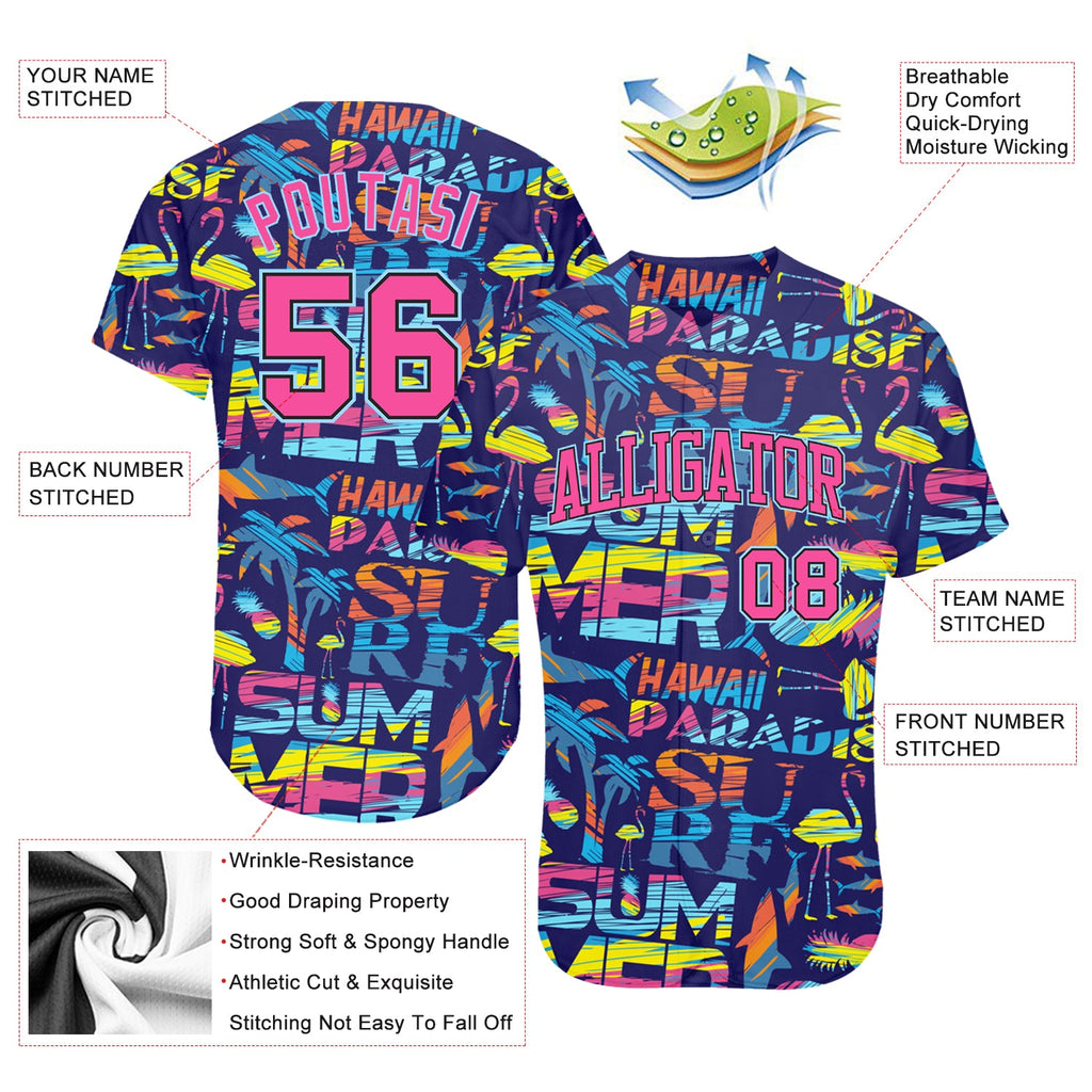 Custom 3D pattern design abstract geometric with palm trees, sharks, and flamingo summer Hawaii authentic baseball jersey with free shipping3