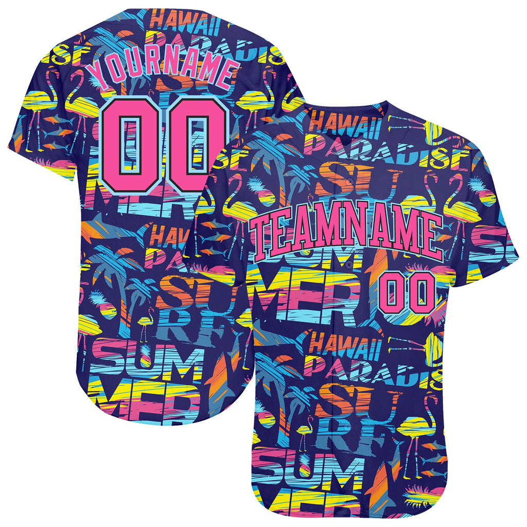 Custom 3D pattern design abstract geometric with palm trees, sharks, and flamingo summer Hawaii authentic baseball jersey with free shipping0