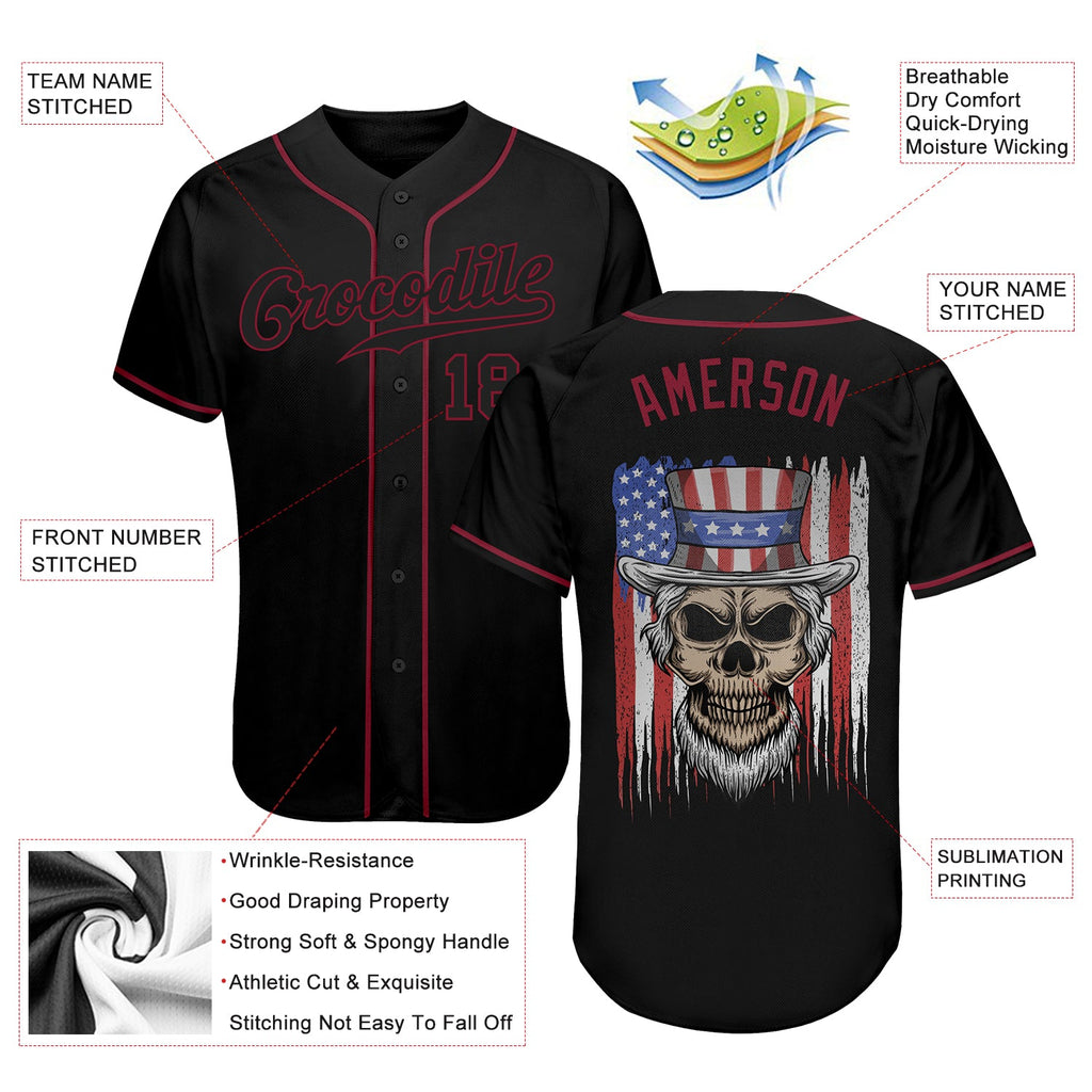 Custom 3D Pattern Design Skull Uncle Sam American Flag Authentic Baseball Jersey2