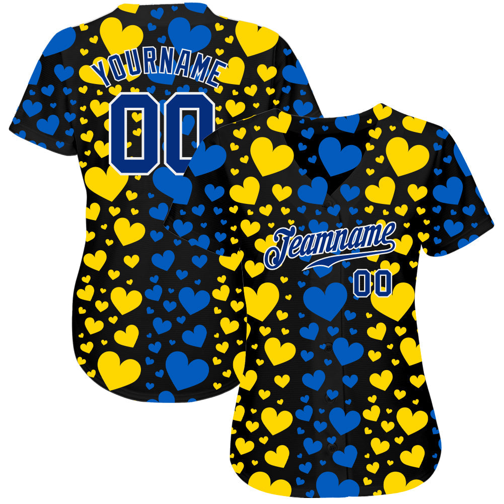Custom 3D Pattern Design Hearts Painted In The Colors Of The Ukrainian Flag Authentic Baseball Jersey