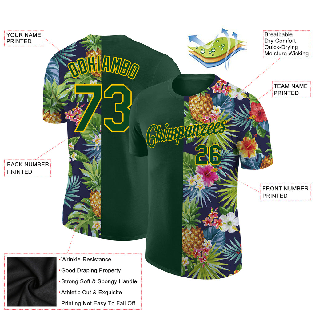 Custom 3D pattern design tropical performance t-shirt with pineapples, palm leaves, and flowers, free shipping1