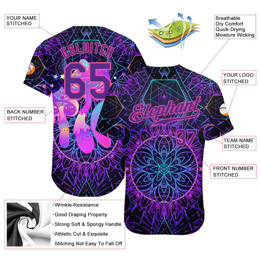 Custom 3D pattern design baseball jersey featuring magic mushrooms over sacred geometry, psychedelic hallucination theme with free shipping3