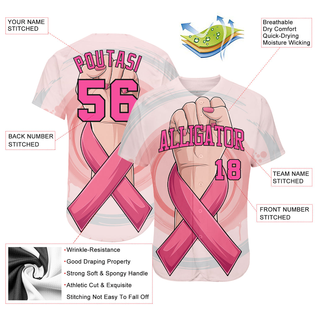 Custom 3D Breast Cancer Awareness Month With Woman Hand And Pink Ribbon Women Health Care Support Authentic Baseball Jersey