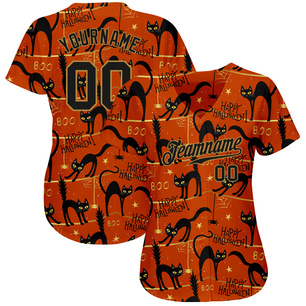 Custom 3D Pattern Happy Halloween Jersey with Black Cats and Spiders Design Authentic Baseball Jersey with Free Shipping1