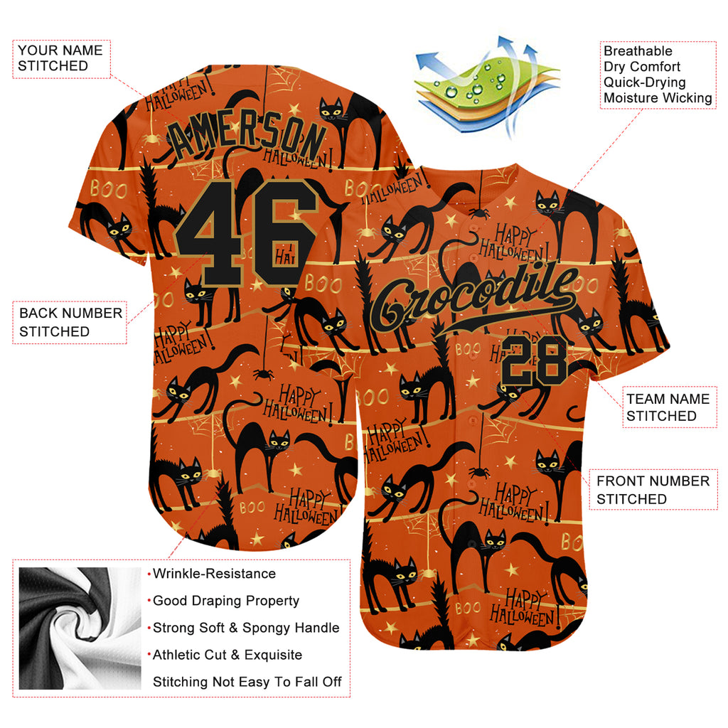 Custom 3D Pattern Happy Halloween Jersey with Black Cats and Spiders Design Authentic Baseball Jersey with Free Shipping2