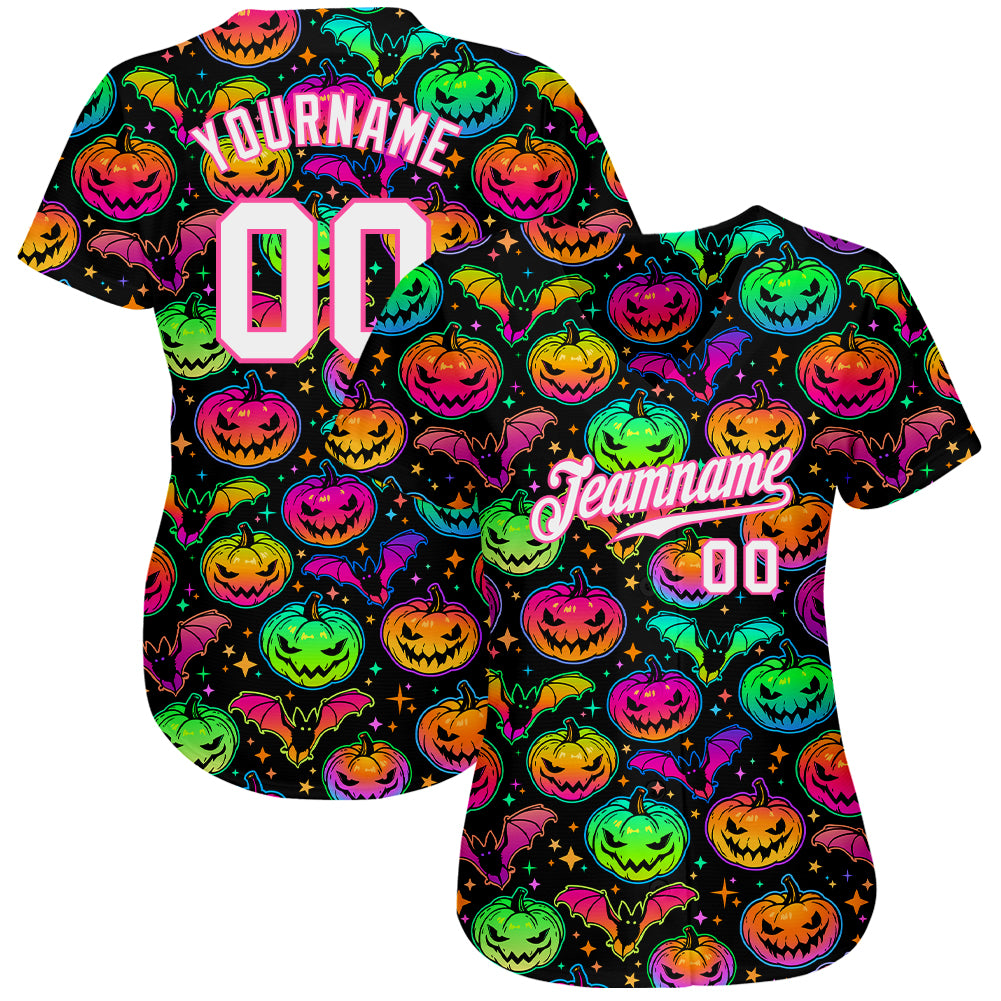 Custom 3D pattern bright multicolored Halloween pumpkins and bats authentic baseball jersey with free shipping4