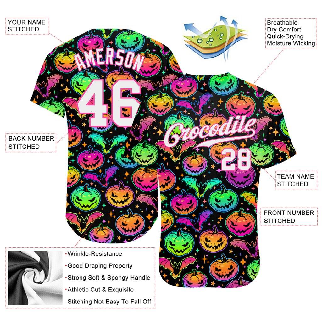 Custom 3D pattern bright multicolored Halloween pumpkins and bats authentic baseball jersey with free shipping2