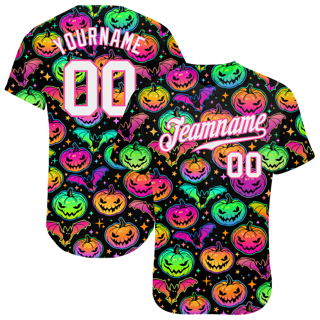 Custom 3D pattern bright multicolored Halloween pumpkins and bats authentic baseball jersey with free shipping0