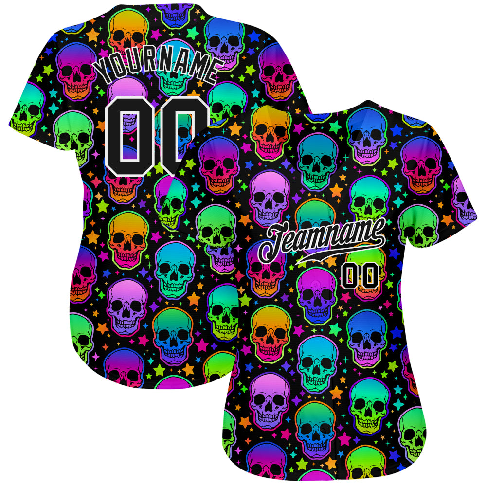 Custom 3D pattern bright multicolored Halloween skulls on authentic baseball jersey with free shipping1