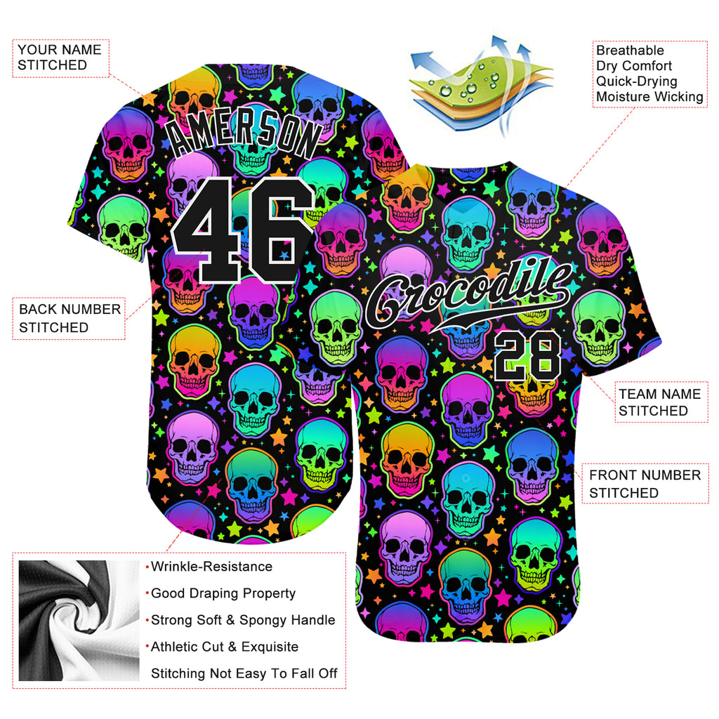 Custom 3D pattern bright multicolored Halloween skulls on authentic baseball jersey with free shipping4