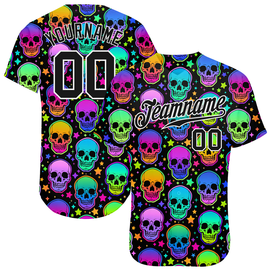 Custom 3D pattern bright multicolored Halloween skulls on authentic baseball jersey with free shipping0