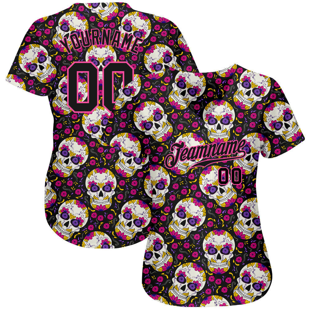 Custom 3D pattern Halloween skulls with floral design on authentic baseball jersey with free shipping4