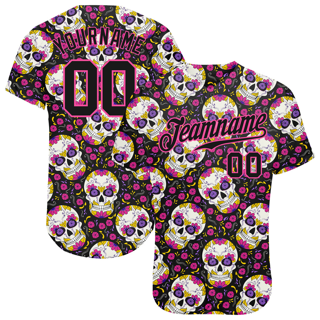 Custom 3D pattern Halloween skulls with floral design on authentic baseball jersey with free shipping2