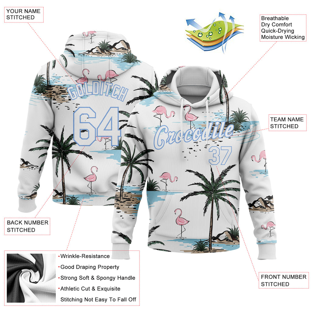 Custom Stitched White White-Light Blue 3D Pattern Design Hawaii Palm Trees Sports Pullover Sweatshirt Hoodie