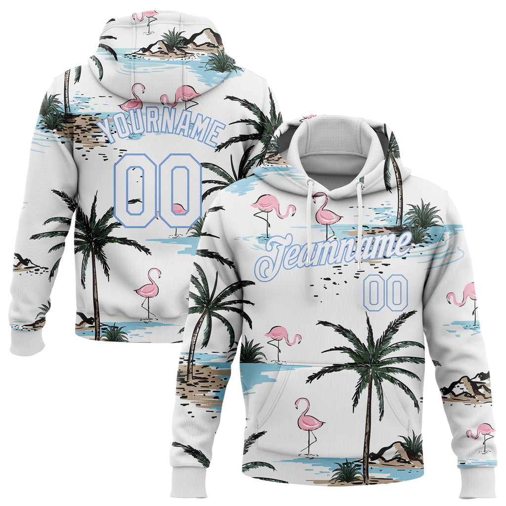 Custom Stitched White White-Light Blue 3D Pattern Design Hawaii Palm Trees Sports Pullover Sweatshirt Hoodie