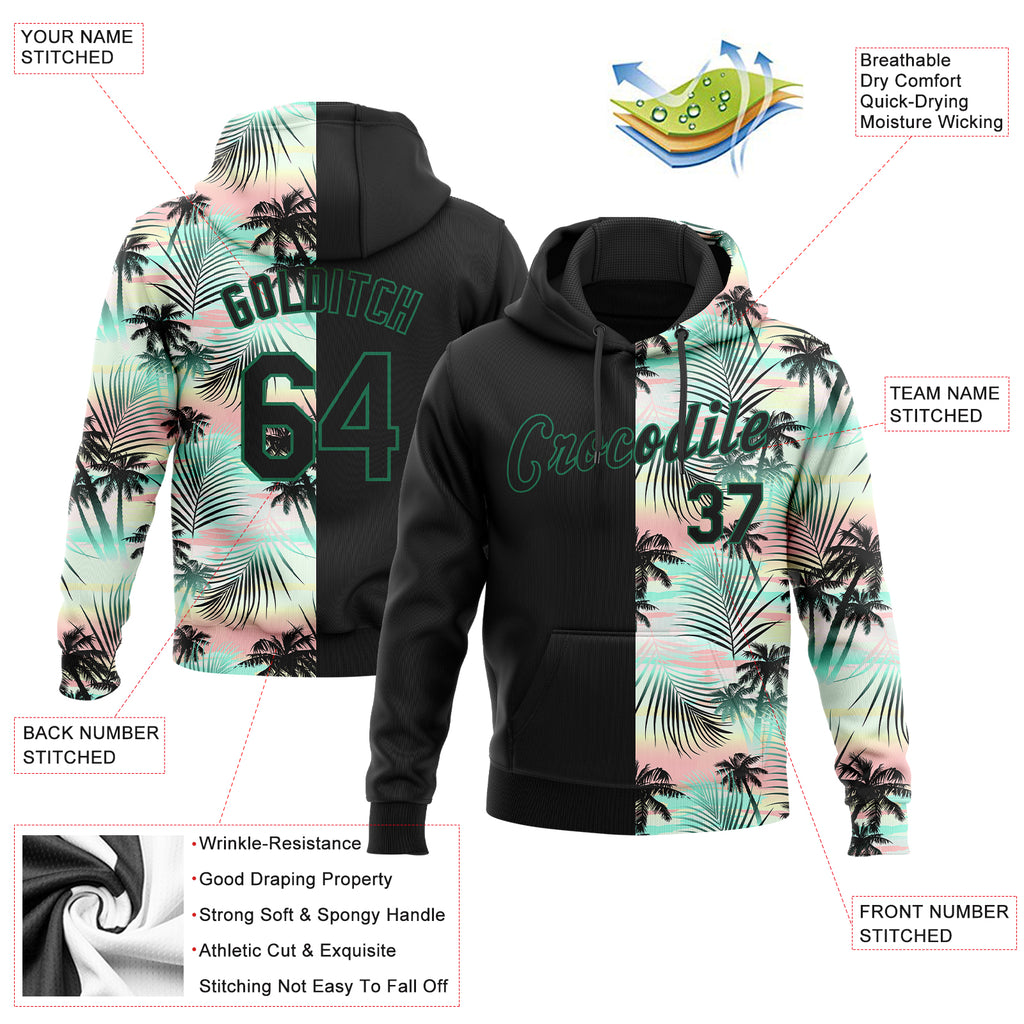 Custom Stitched Black Black-Kelly Green 3D Pattern Design Tropical Palm Leaves Sports Pullover Sweatshirt Hoodie