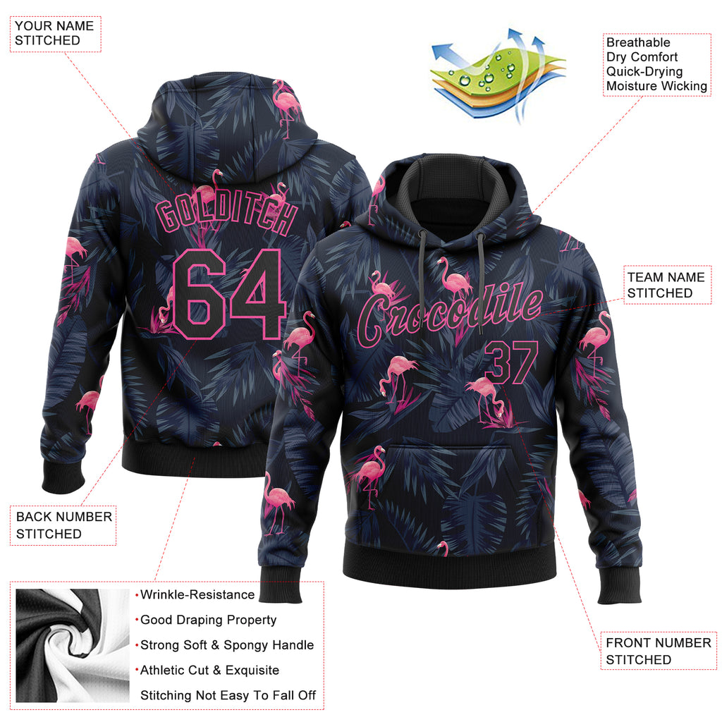 Custom Stitched Black Black-Pink 3D Pattern Design Flamingo Sports Pullover Sweatshirt Hoodie