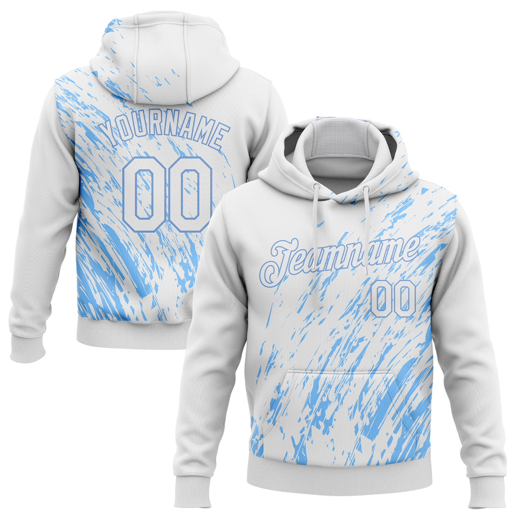 Custom Stitched White White-Light Blue 3D Pattern Design Sports Pullover Sweatshirt Hoodie