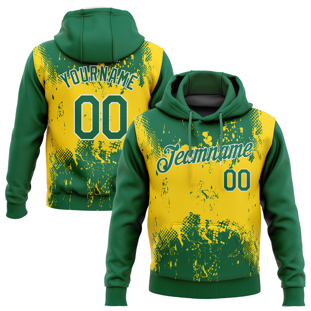Custom Stitched Gold Kelly Green-White 3D Pattern Design Sports Pullover Sweatshirt Hoodie