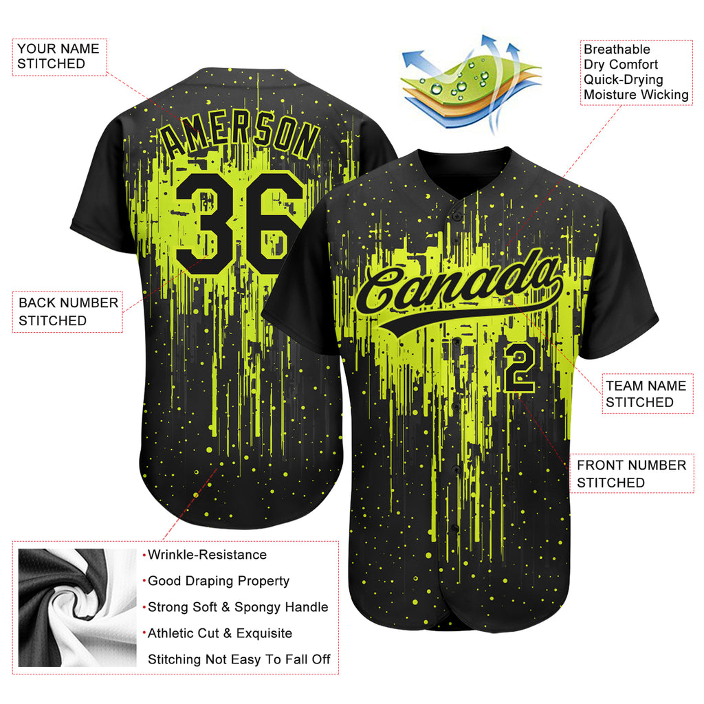 Custom Neon Green Black 3D Pattern Design Dripping Splatter Art Authentic Baseball Jersey