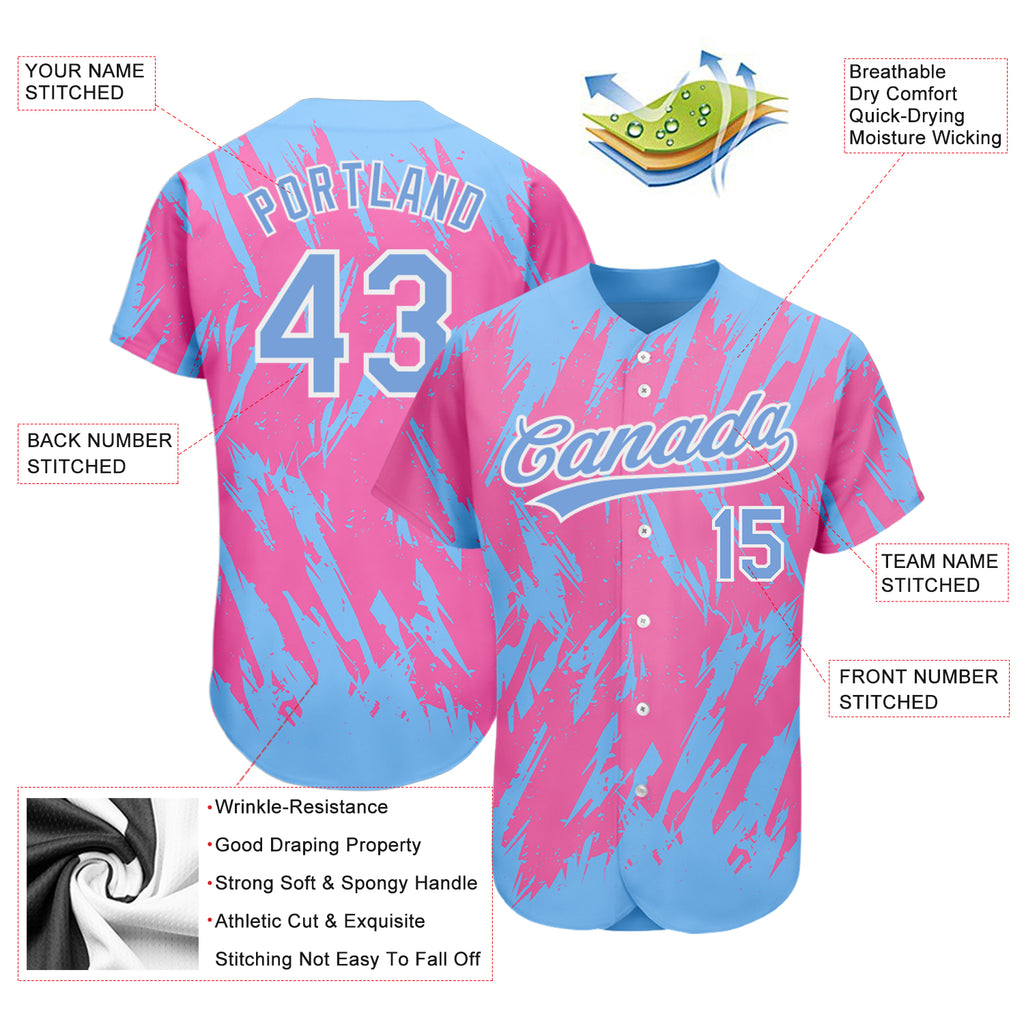 Custom Pink Light Blue-White 3D Pattern Design Authentic Baseball Jersey