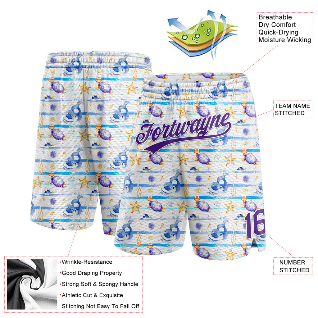Custom White Purple 3D Pattern Starfishs And Sea Wave Authentic Basketball Shorts