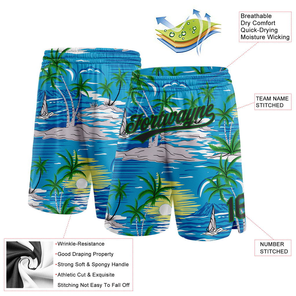 Custom Sky Blue Black-Grass Green 3D Pattern Hawaii Palm Trees And Island Authentic Basketball Shorts