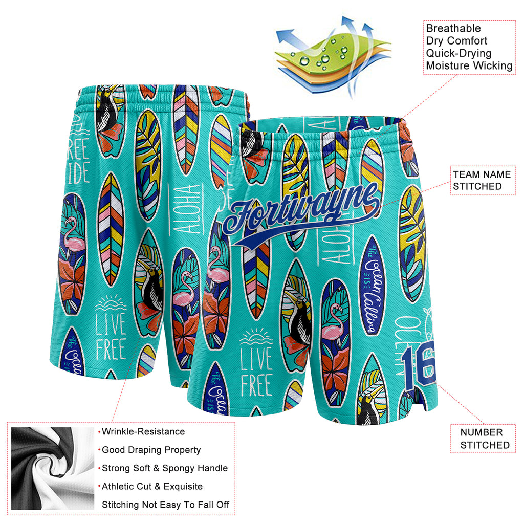 Custom Aqua Royal-White 3D Pattern Tropical Hawaii Palm Leaves Beach Surfing Basketball Shorts with Free Shipping1