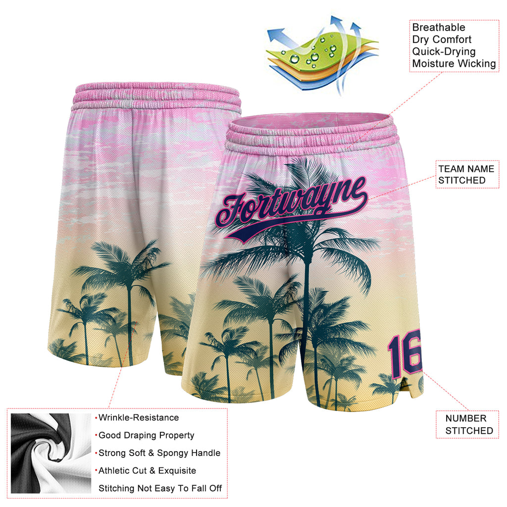 Custom Pink Navy 3D Pattern Hawaii Palm Trees Authentic Basketball Shorts