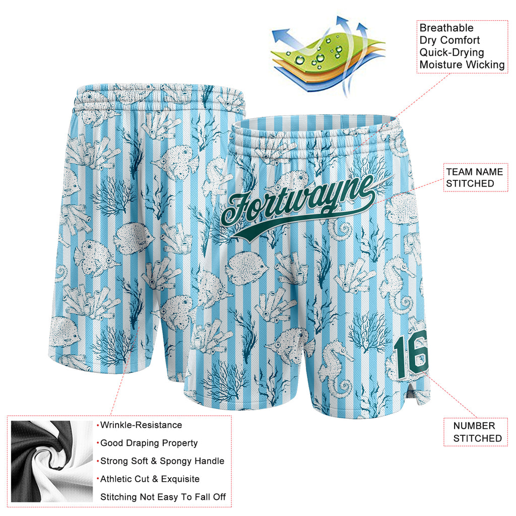 Custom Light Blue Midnight Green-White 3D Pattern Coral Fish And Seahorse Authentic Basketball Shorts