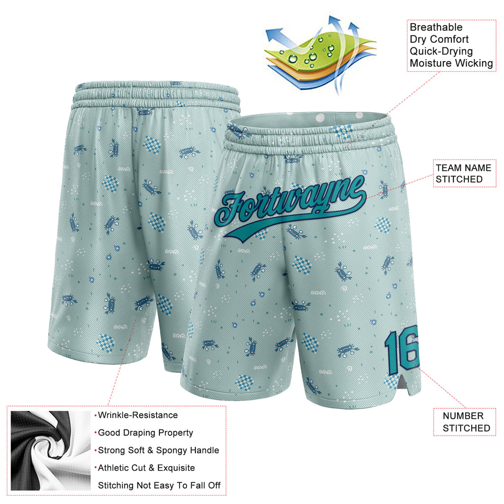 Custom Aqua Teal-Navy Basketball Shorts with 3D Pattern Crabs Design Authentic Sports Apparel Free Shipping2