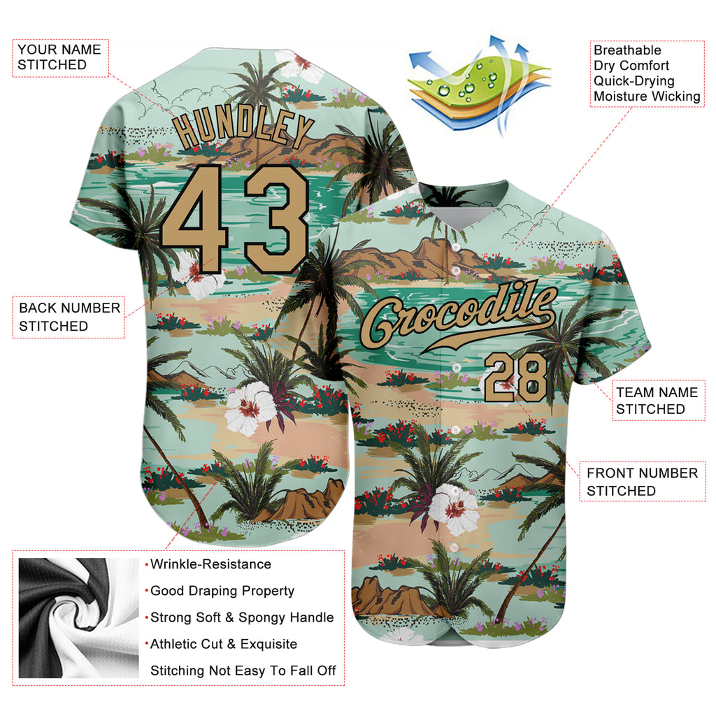 Custom Aqua Old Gold-Black Baseball Jersey with 3D Pattern Design featuring Hawaii Palm Trees and Flowers, Authentic Sports Apparel with Free Shipping2
