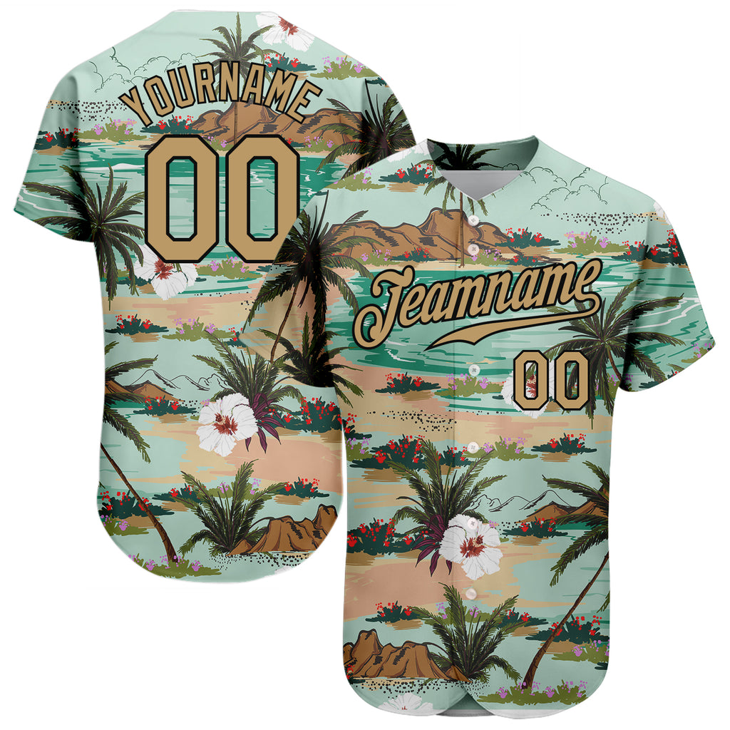 Custom Aqua Old Gold-Black Baseball Jersey with 3D Pattern Design featuring Hawaii Palm Trees and Flowers, Authentic Sports Apparel with Free Shipping0