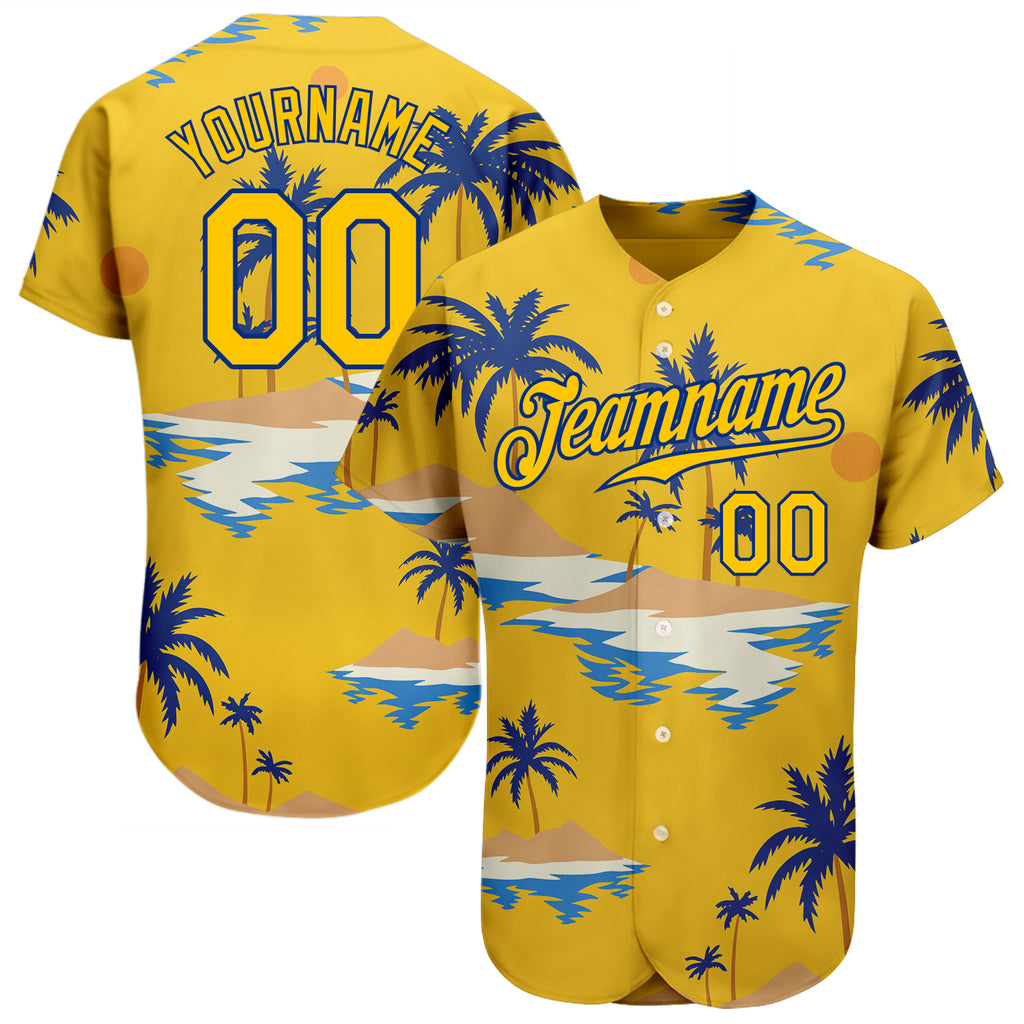 Custom Yellow Royal 3D Pattern Design Sun Beach Hawaii Palm Trees Authentic Baseball Jersey