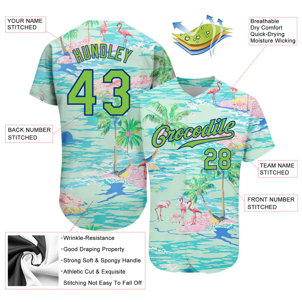 Custom Lakes Blue Neon Green-Royal 3D Pattern Design Beach Hawaii Palm Trees And Flamingo Authentic Baseball Jersey