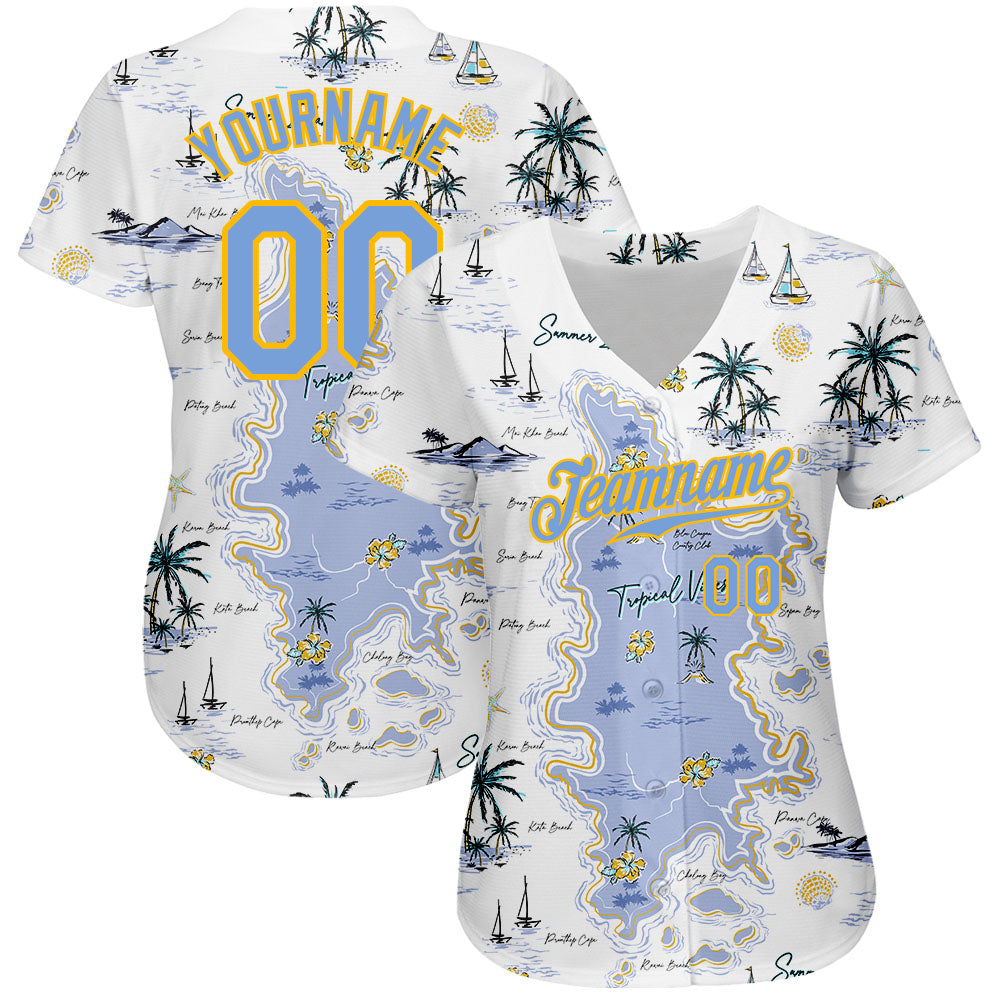 Custom White Light Blue-Yellow 3D Pattern Design Beach Hawaii Palm Trees And Island Authentic Baseball Jersey
