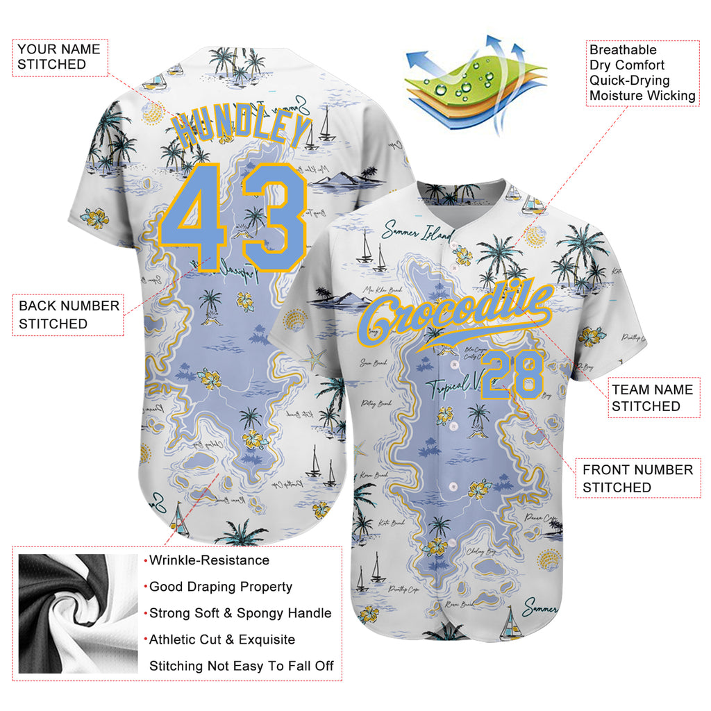 Custom White Light Blue-Yellow 3D Pattern Design Beach Hawaii Palm Trees And Island Authentic Baseball Jersey