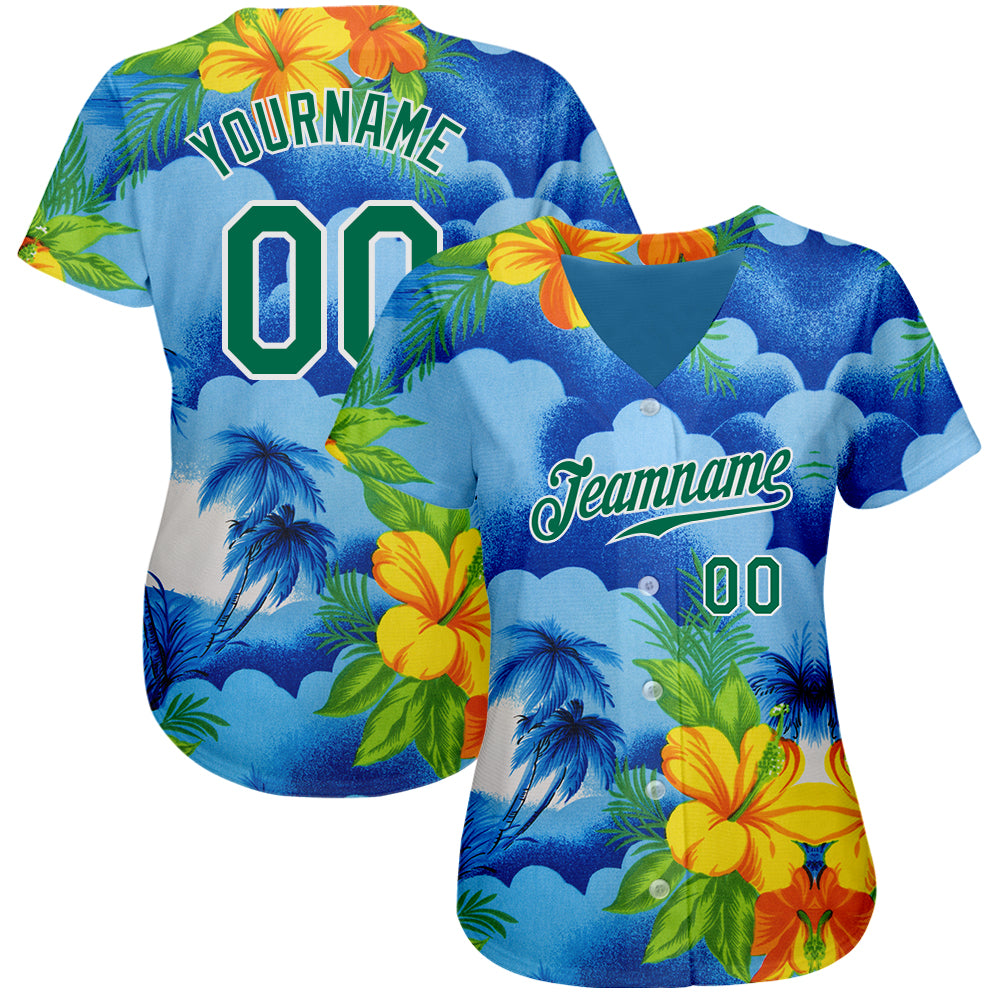 Custom White Kelly Green 3D Pattern Design Beach Hawaii Palm Trees And Flowers Authentic Baseball Jersey