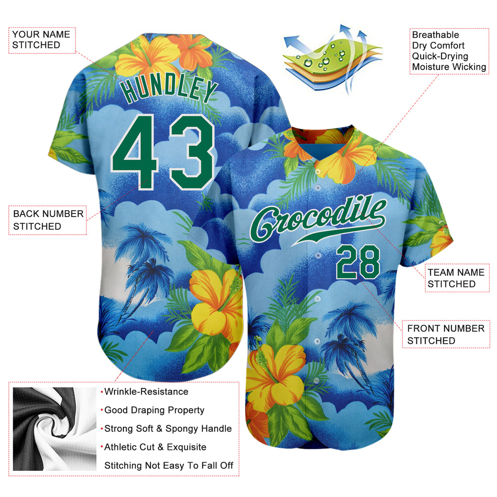 Custom White Kelly Green 3D Pattern Design Beach Hawaii Palm Trees And Flowers Authentic Baseball Jersey