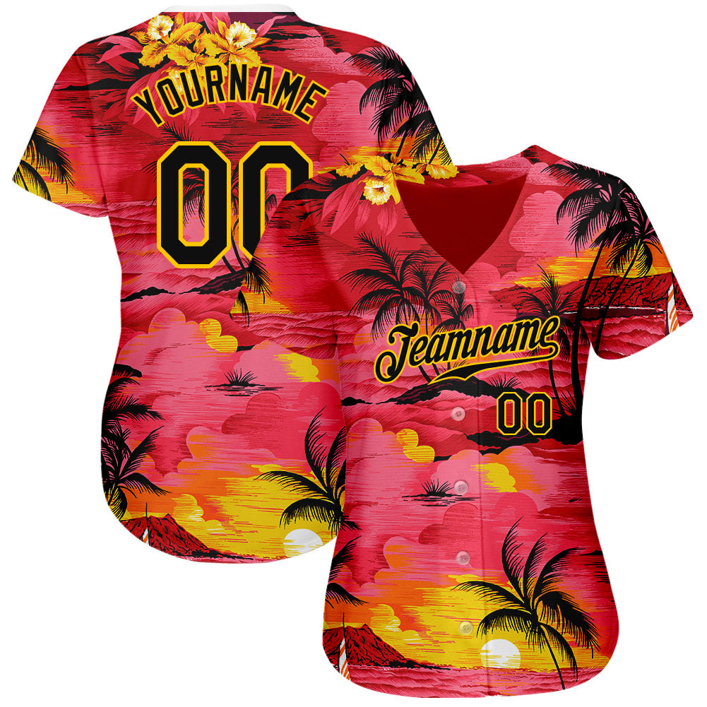 Custom Red Black-Yellow 3D Pattern Design Sun Beach Hawaii Palm Trees Authentic Baseball Jersey