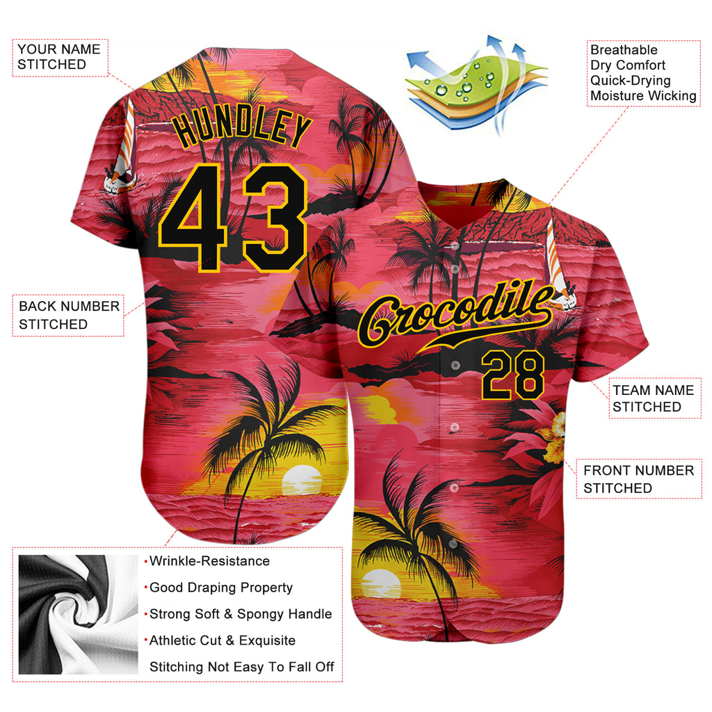 Custom Red Black-Yellow 3D Pattern Design Sun Beach Hawaii Palm Trees Authentic Baseball Jersey