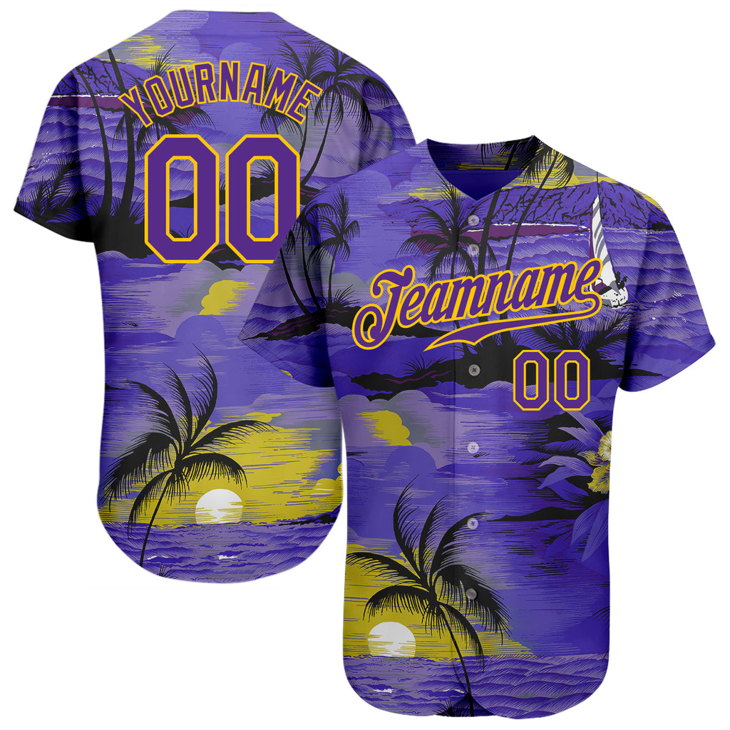 Custom Purple Yellow 3D Pattern Design Sun Beach Hawaii Palm Trees Authentic Baseball Jersey