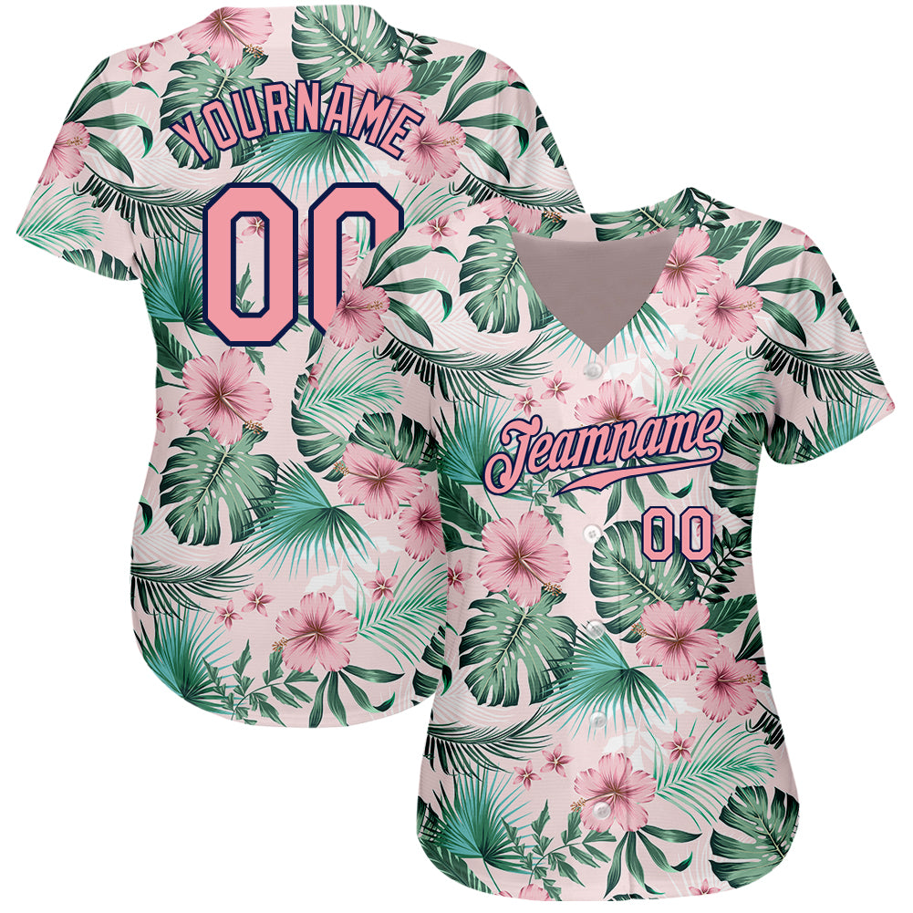 Custom White Medium Pink-Navy 3D Pattern Design Hawaii Palm Leaves And Flowers Authentic Baseball Jersey