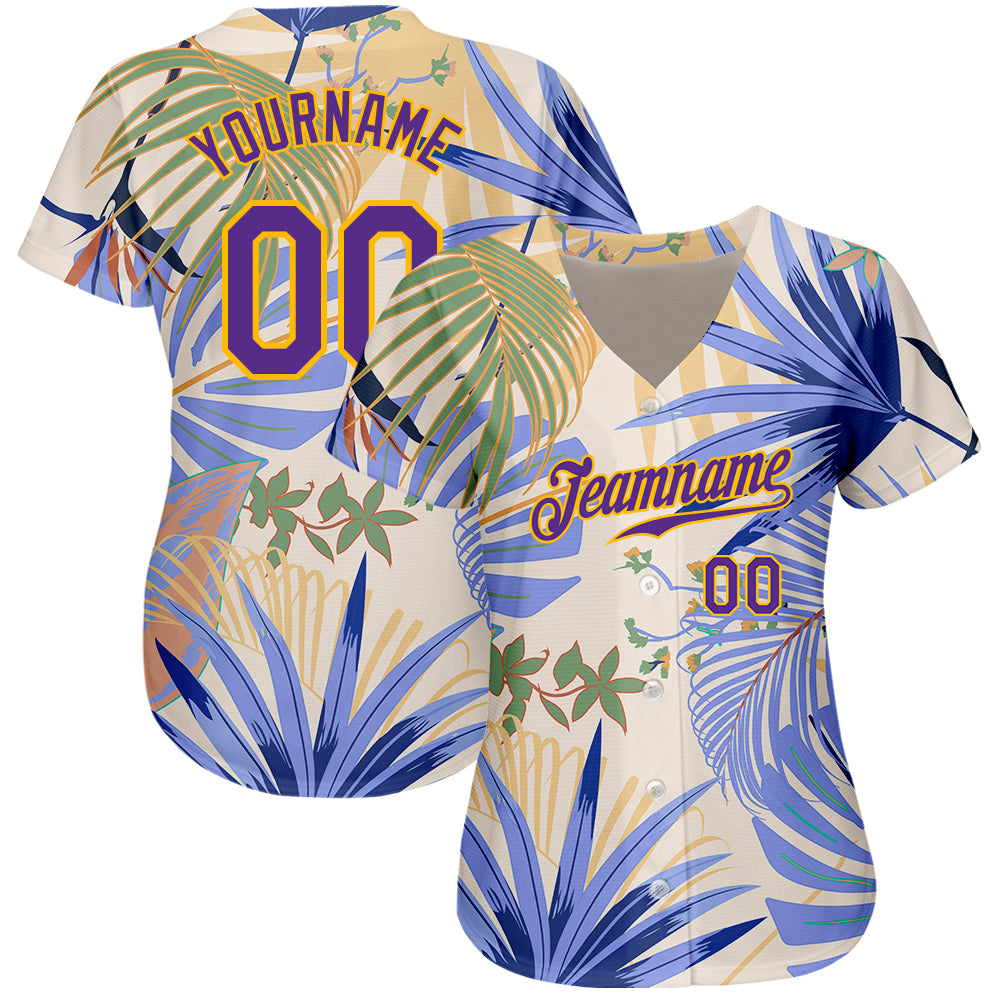Custom White Purple-Gold 3D Pattern Design Hawaii Palm Leaves And Flowers Authentic Baseball Jersey