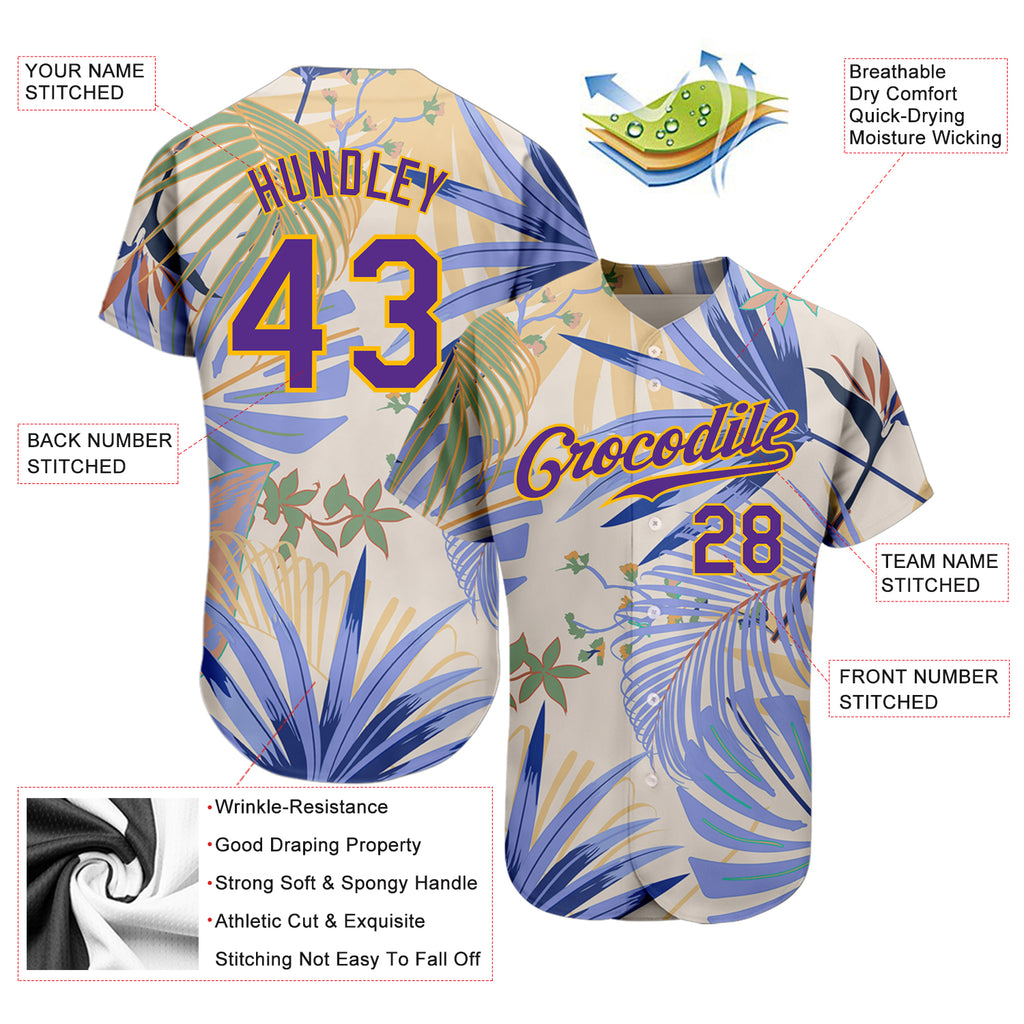Custom White Purple-Gold 3D Pattern Design Hawaii Palm Leaves And Flowers Authentic Baseball Jersey