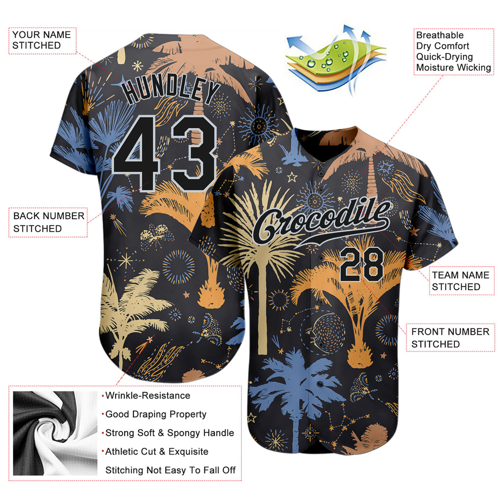 Custom Black Silver 3D Pattern Design Hawaii Palm Trees Authentic Baseball Jersey