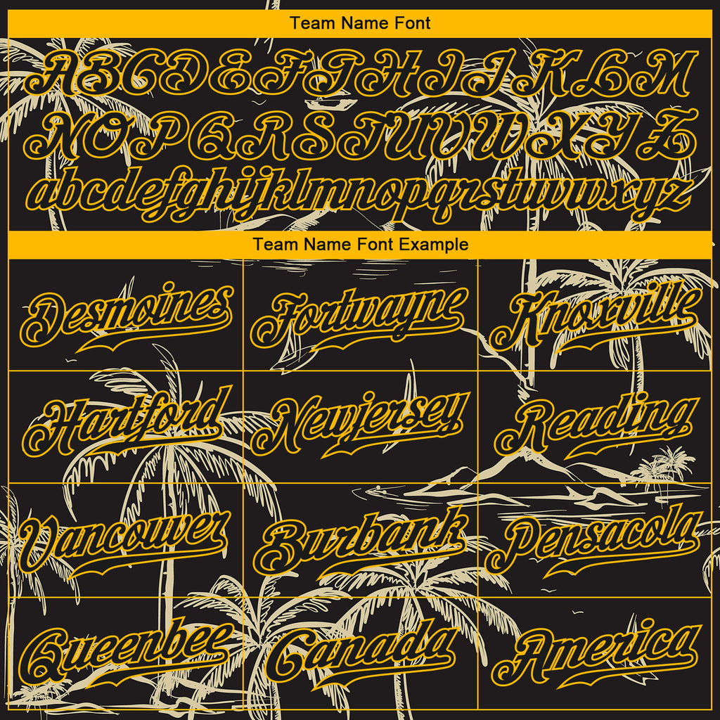 Custom Black Gold 3D Pattern Design Hawaii Palm Trees Island And Sailboat Authentic Baseball Jersey