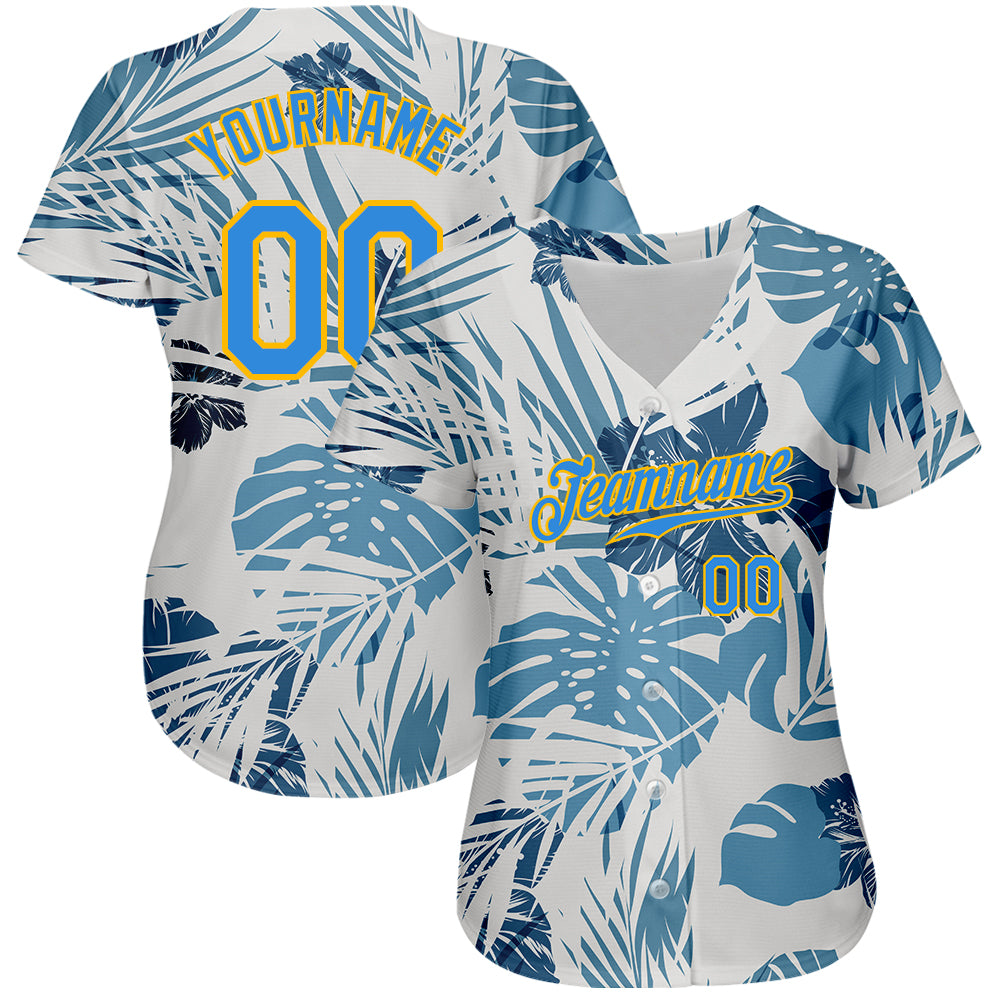 Custom White Electric Blue-Gold 3D Pattern Design Hawaii Palm Leaves And Flowers Authentic Baseball Jersey