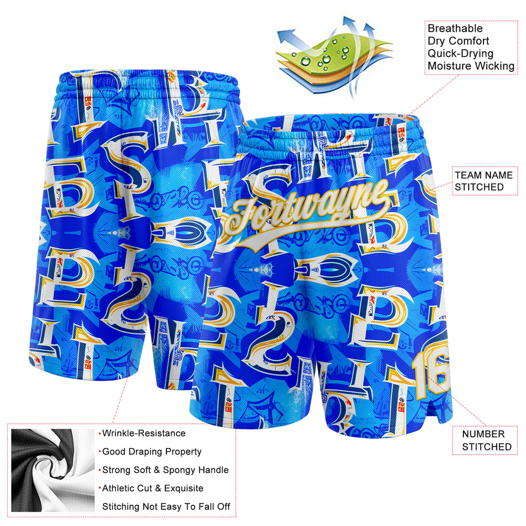 Custom Royal White-Yellow 3D Pattern Ocean Graphic Geometry Authentic Basketball Shorts